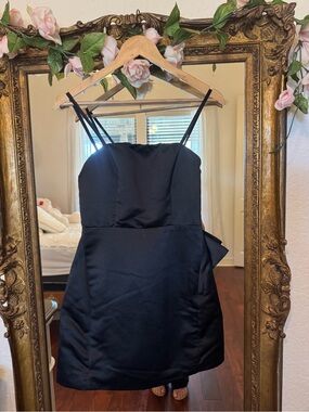 Lulu's Black Satin Mini Dress with Double Spaghetti Straps